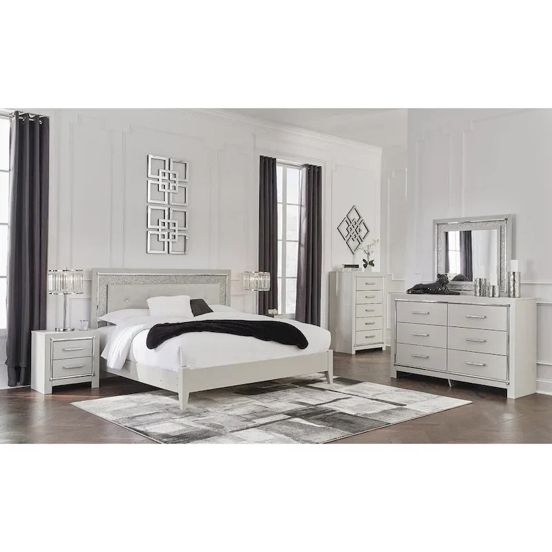 Silver Upholstered Panel Headboard with 2 Nightstands