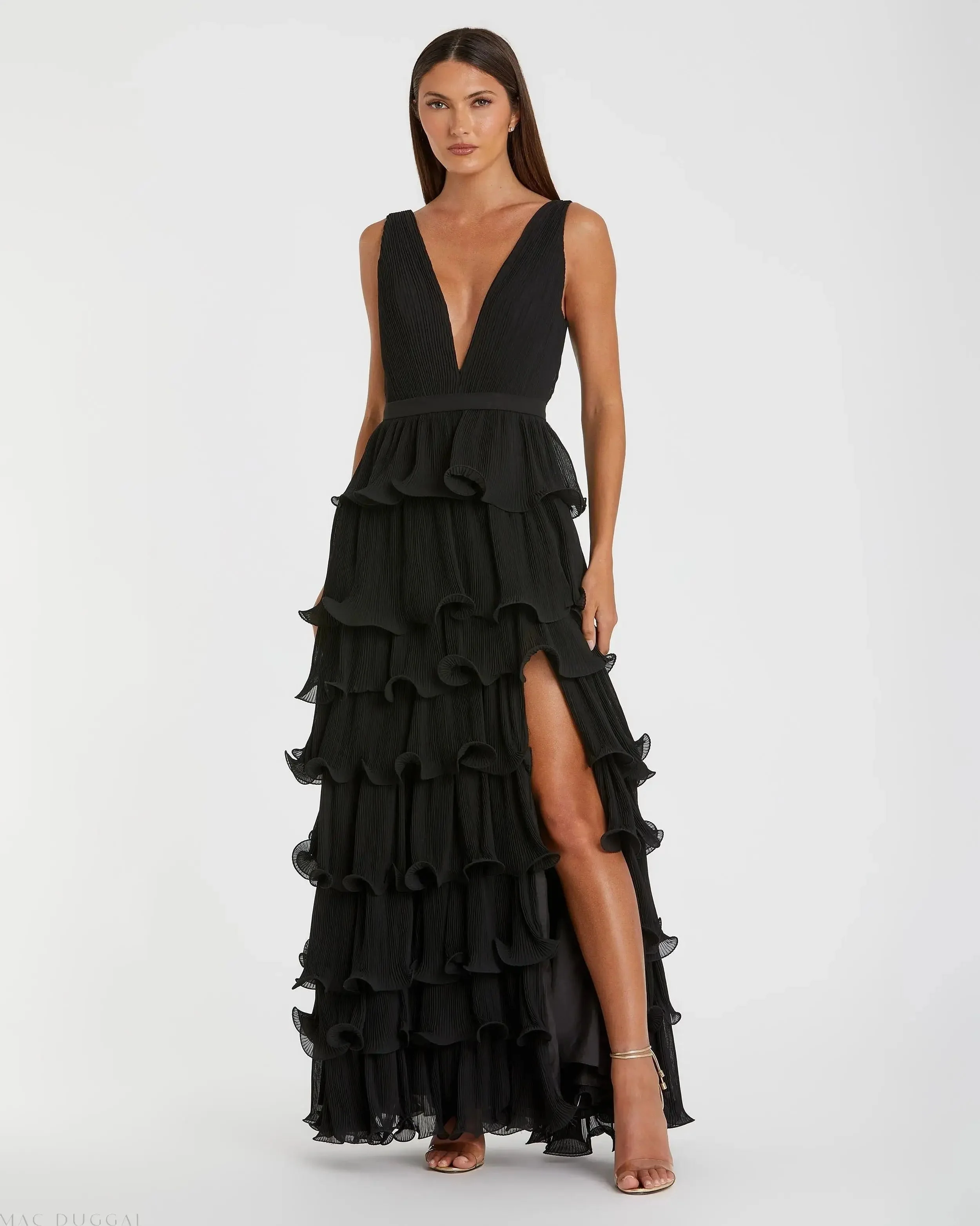 Black Sleeveless Ruffle Tiered V Neck Gown
