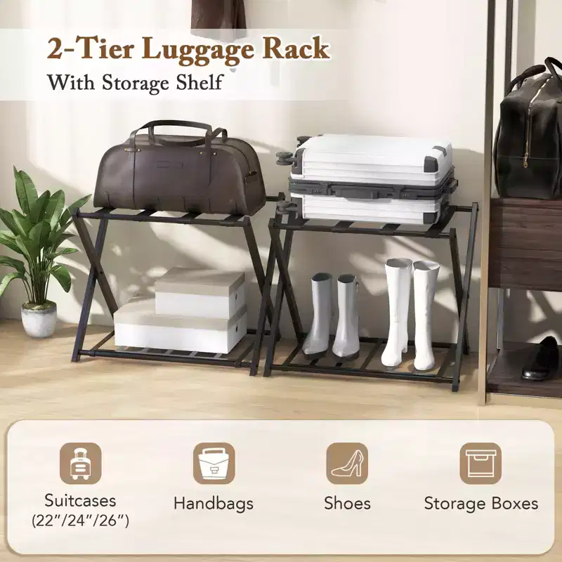 Costway Set of 2 Folding Metal Luggage Rack Suitcase Shoe Holder Hotel Guestroom w/Shelf