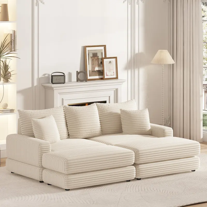86.6Inch Corduroy 3-seater sofa With 3 back pillows , 2 toss pillows and two ottoman ,Comfy Sofa- Deep Seat Couch for Living Roo