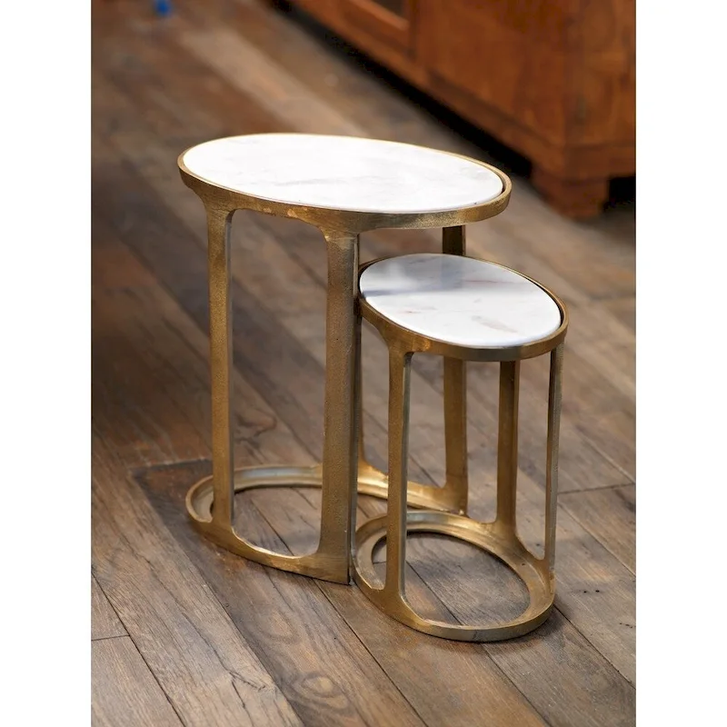 Zodax Nikki Oval Marble and Raw Aluminum Nesting Tables, Set of 2
