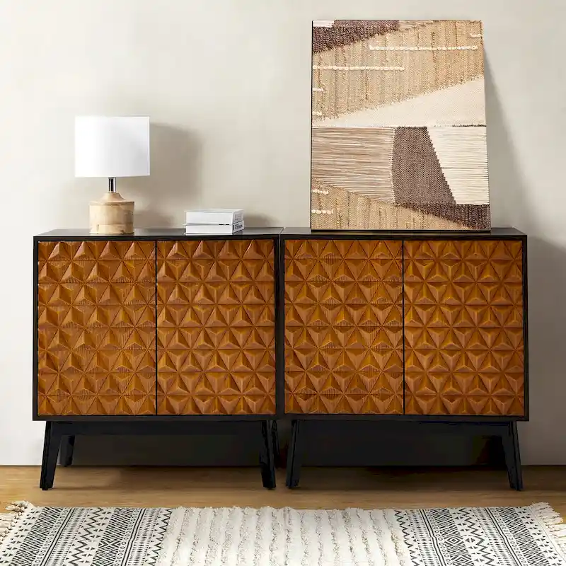 Black/Walnut Mid-Century Solid Wood 2-Door Accent Cabinet Set of 2 with Adjustable Shelves