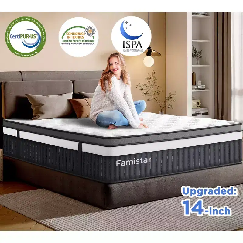 14 King Mattress in a Box,Gel Memory Foam&Pocket Coils,Medium Firm Hybrid Mattress,Back Support & Motion IsolationCooling Bed for Side Sleepers