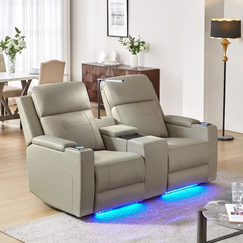 71.26 Wide Genuine Leather Home Theater Seating with Ambient Lighting and Storage