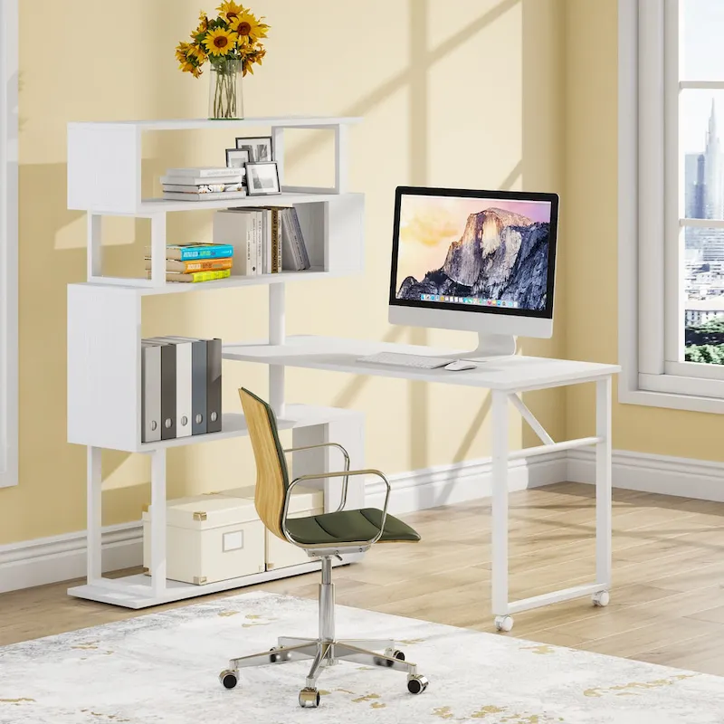 L-Shaped Rotating Computer Desk with 5 Shelves Bookshelf