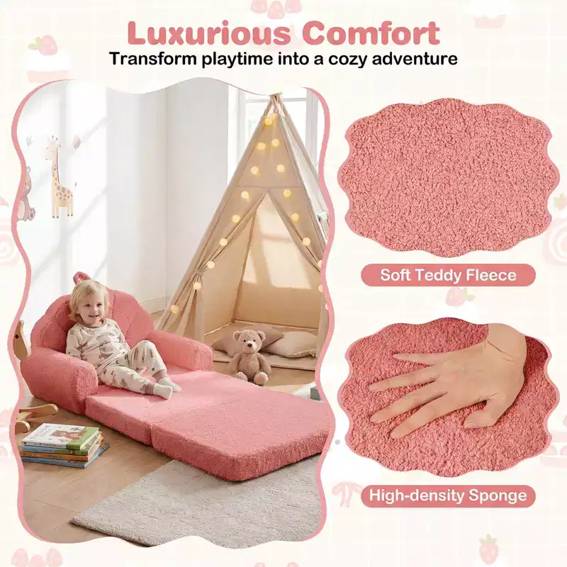 Costway Fold-out Kids Sofa 2-in-1 Convertible Toddler Couch & Lounger with Non-slip Base Beige/Green/Pink