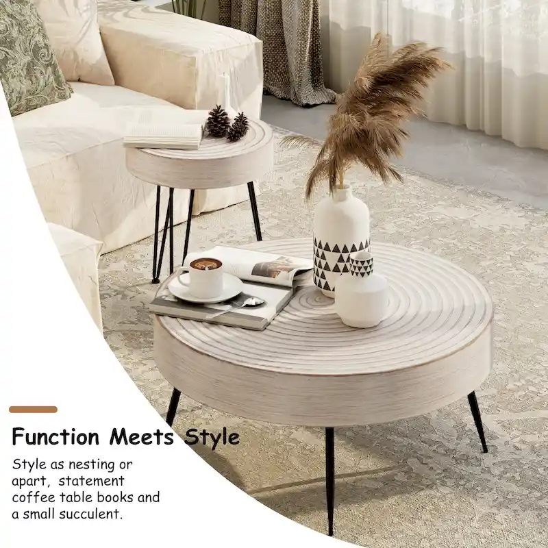 Rustic Cylindrical Wood Veneer Coffee Table – Natural / White / Light Red & Natural
