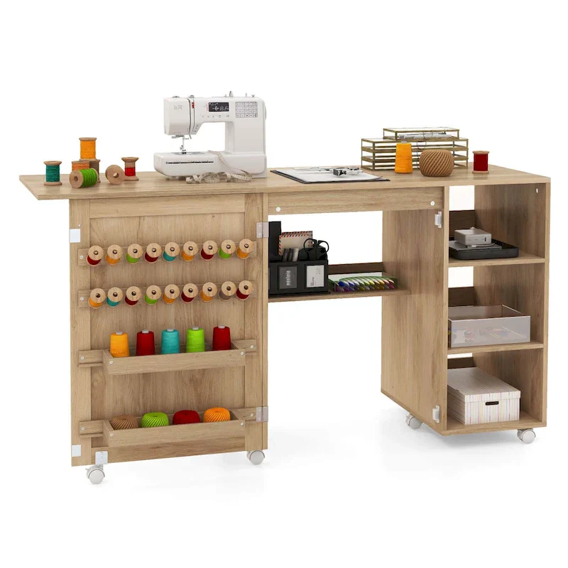 Costway Rattan Sewing Machine Table with Rattan Door 18 Pegs Storage - See Details