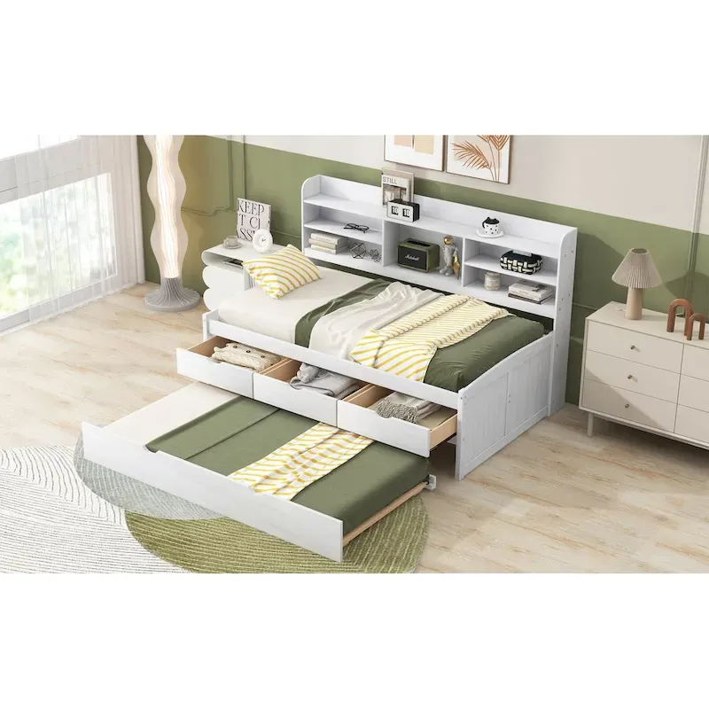 Twin Pine Captain Bed with Shelves, Drawers & Trundle