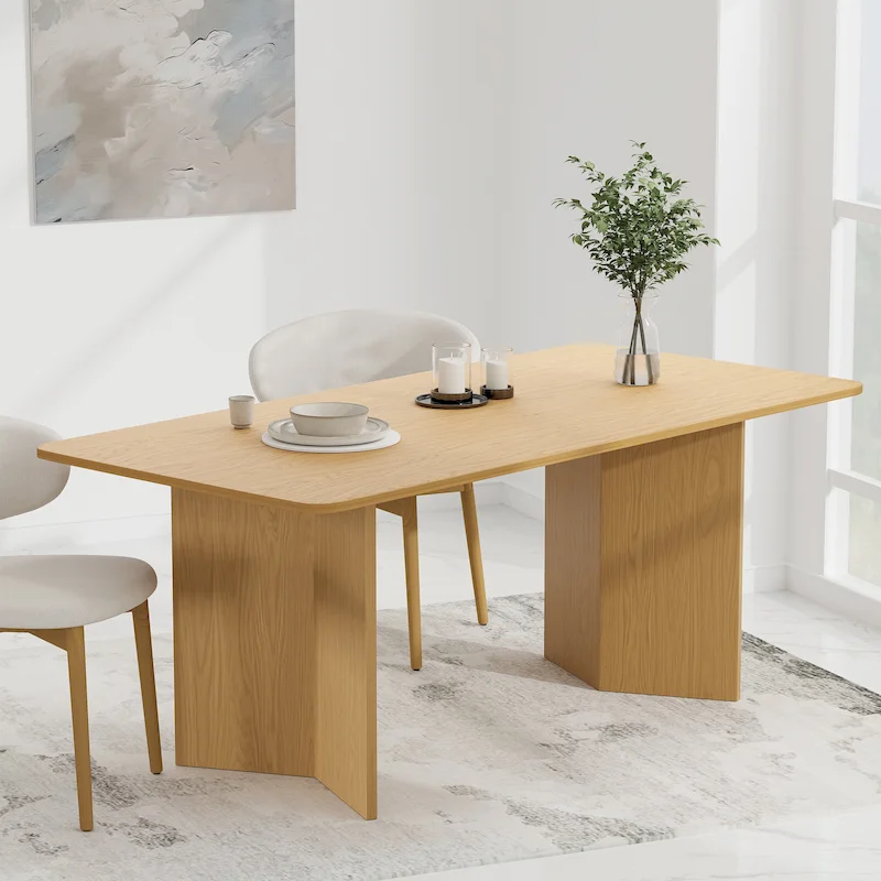 Lumioca Modern Oak Wood Top 67 in. Double Pedestal Base Dining Table