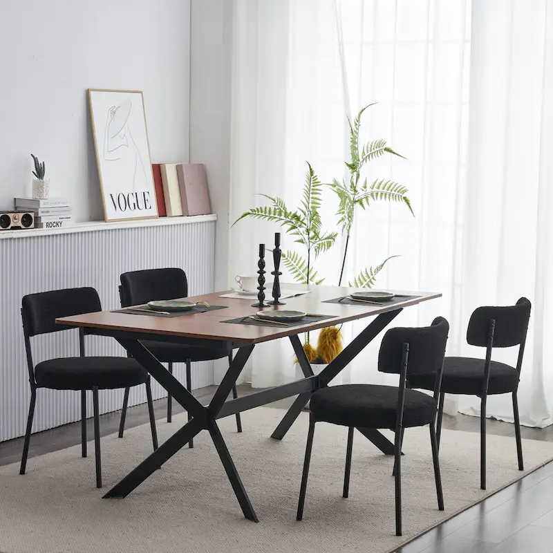 White/Black Teddy Fabric Dining Chair, Set of 4, Metal Legs
