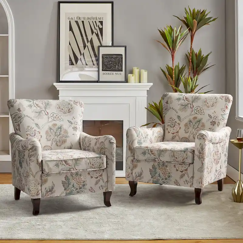 Modern Floral Upholstered Armchair with Wingback Design
