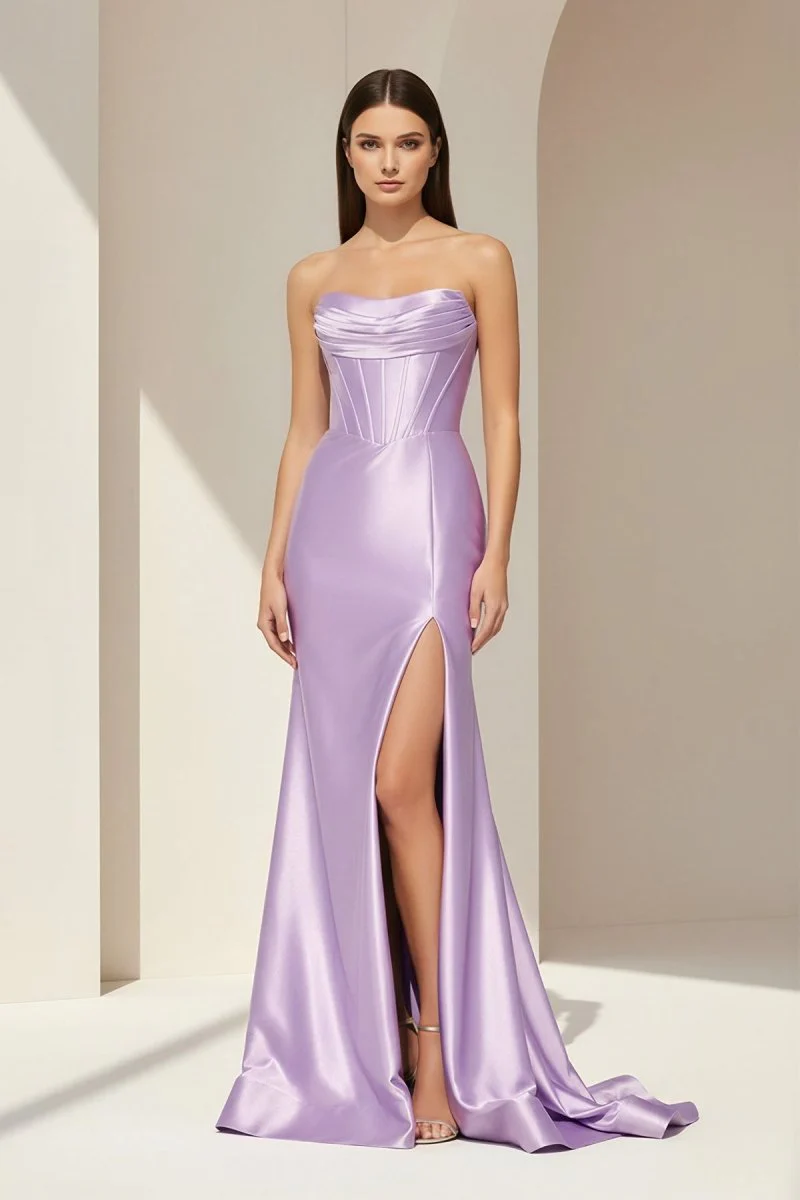 Lavender Strapless Mermaid Satin Pleated Long Formal Prom Dresses With Slit