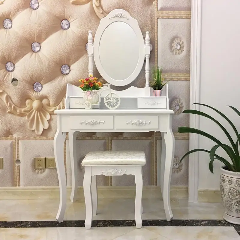 Vanity Table with 360° Mirror and Stool – White, 4 Drawers, Seats 1