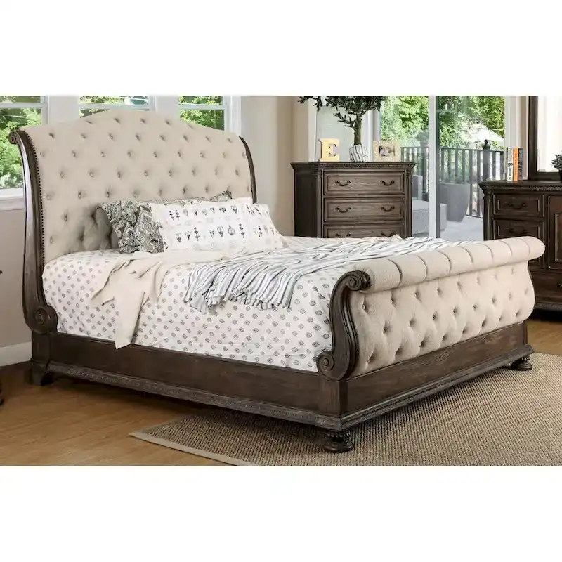 Beige Tufted Sleigh Bed - Rustic Fabric Upholstered Frame
