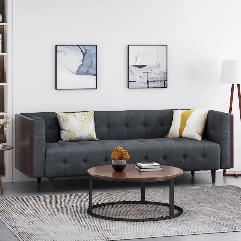 3-Seat Waffle-Tufted Sofa, Navy/Charcoal/Beige+Brown, Rubberwood Legs, Seats 3