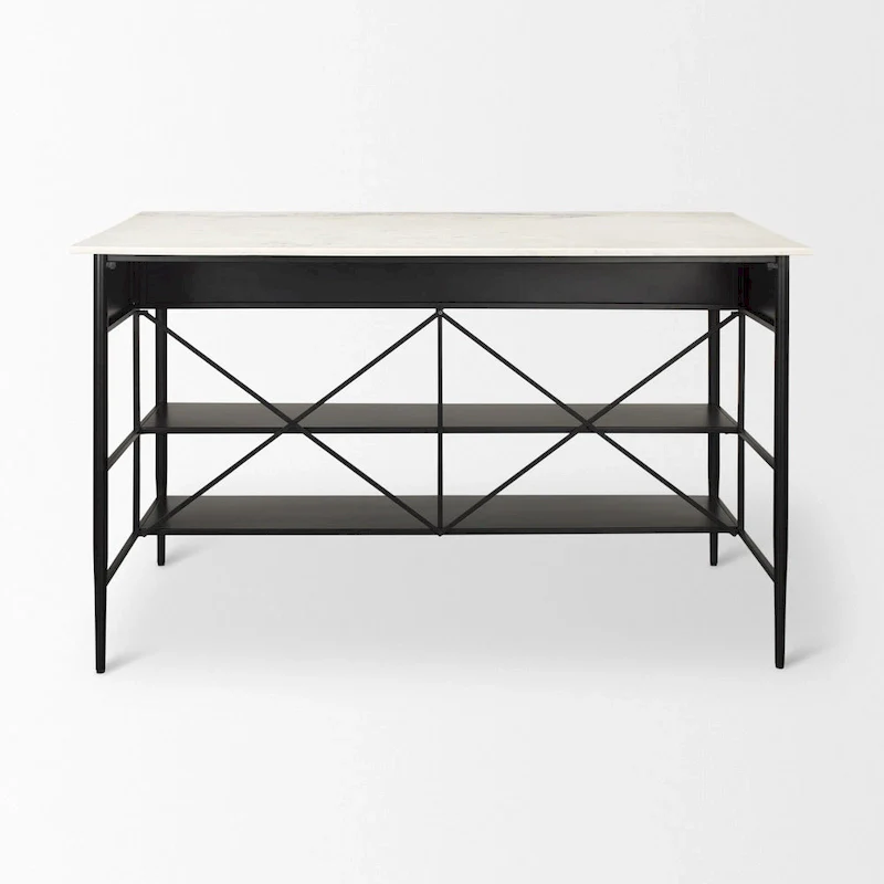 White Marble Kitchen Island with Black Metal Frame - 3 Drawers