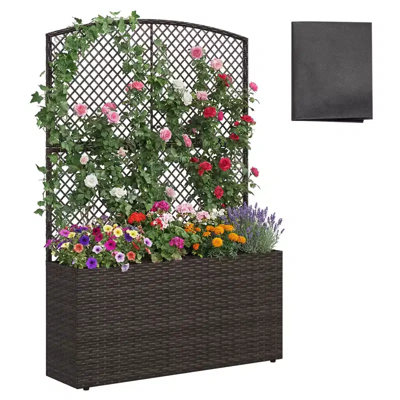 Costway 1/2 PCS 58 Raised Garden Bed with Trellis, Wicker Planter Box with Privacy Screen Brown/Black