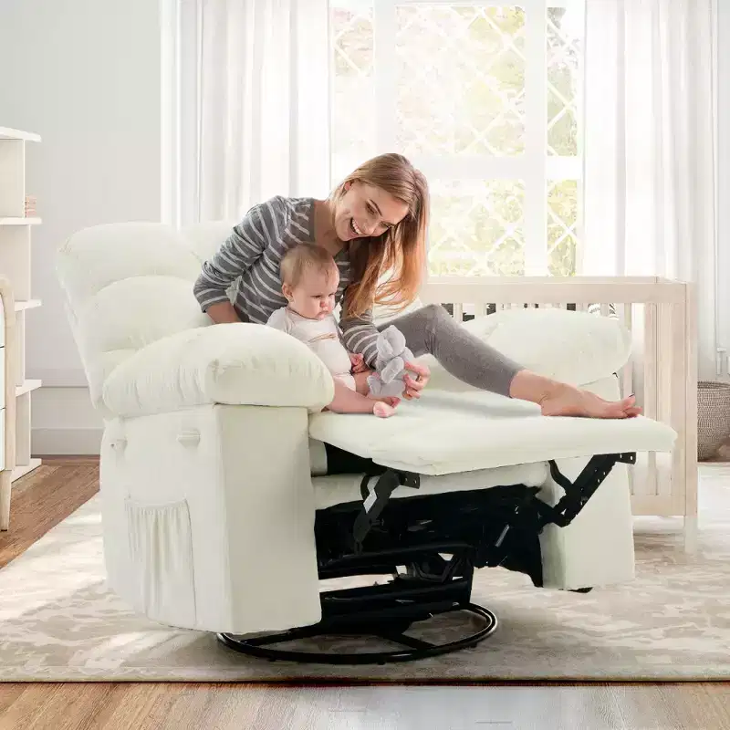Rocking Recliner Chair,360 Swivel Rocker Chair for Living Room,Upholstered Fabric Glider Nursery Chair with Side Pockets for Small Spaces