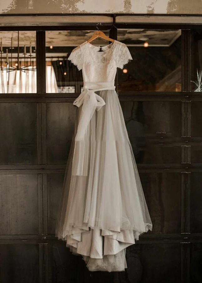 Modest Tulle Lace Short Sleeves Backless  A-Line Bridal Gown with Sash