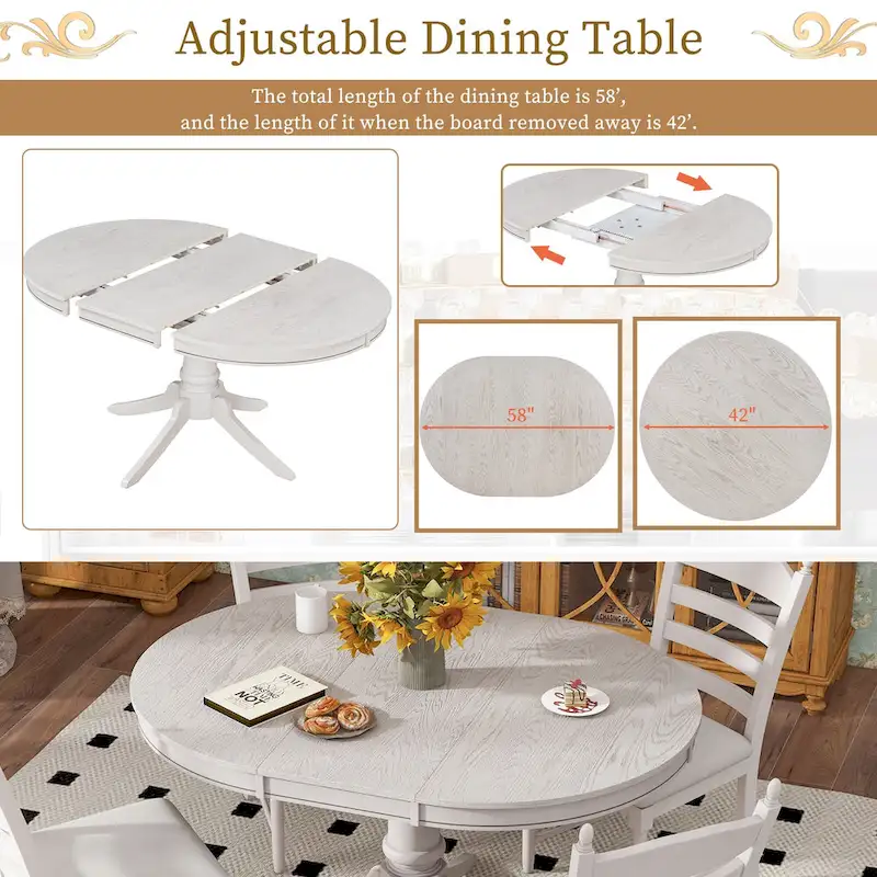 5 Piece Round Dining Table Set, Solid Wood Kitchen Table and Chair Set with Extendable Table and 4 Upholstered Chairs