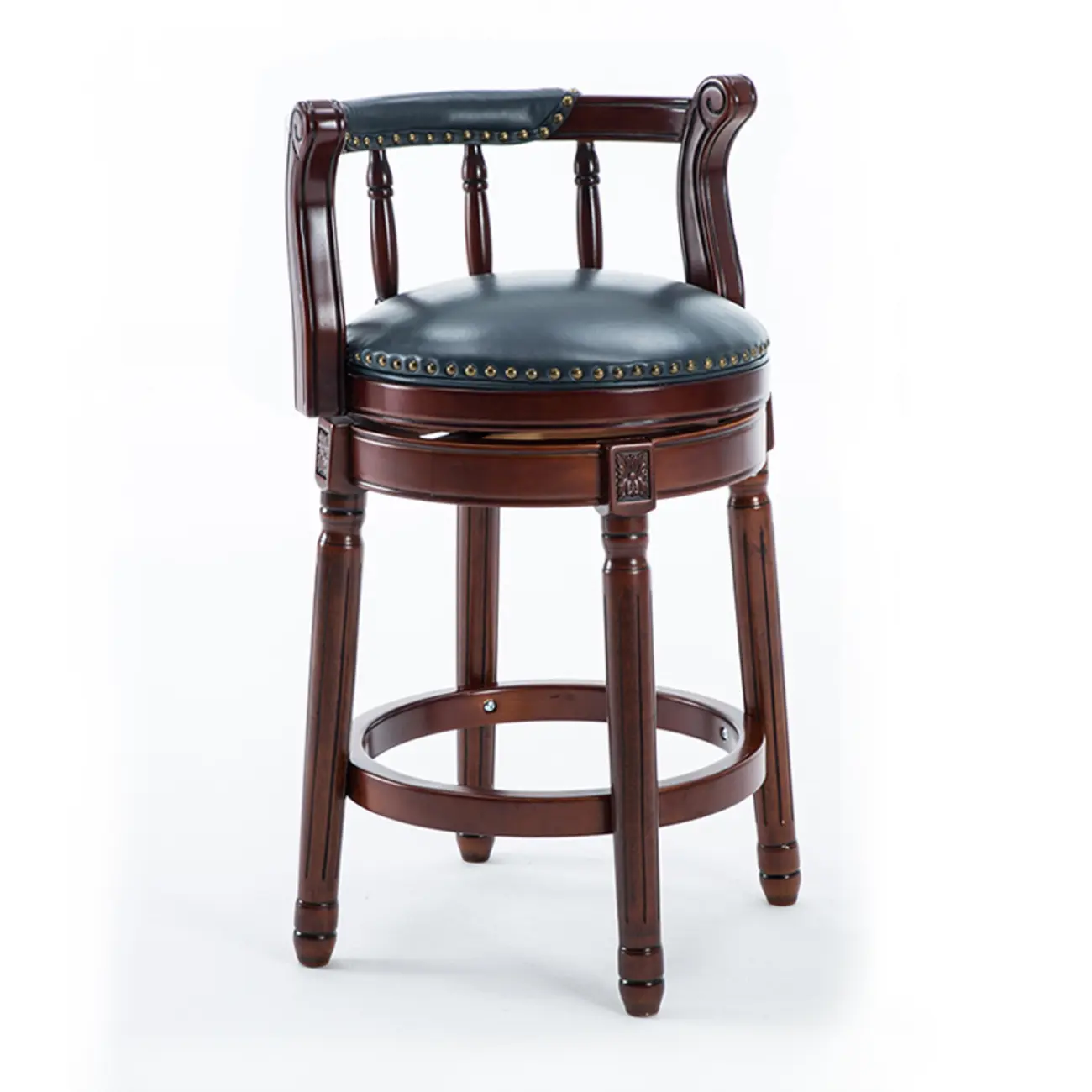 Swivel Counter Height Bar Stools in Genuine Leather & Walnut Solid Wood