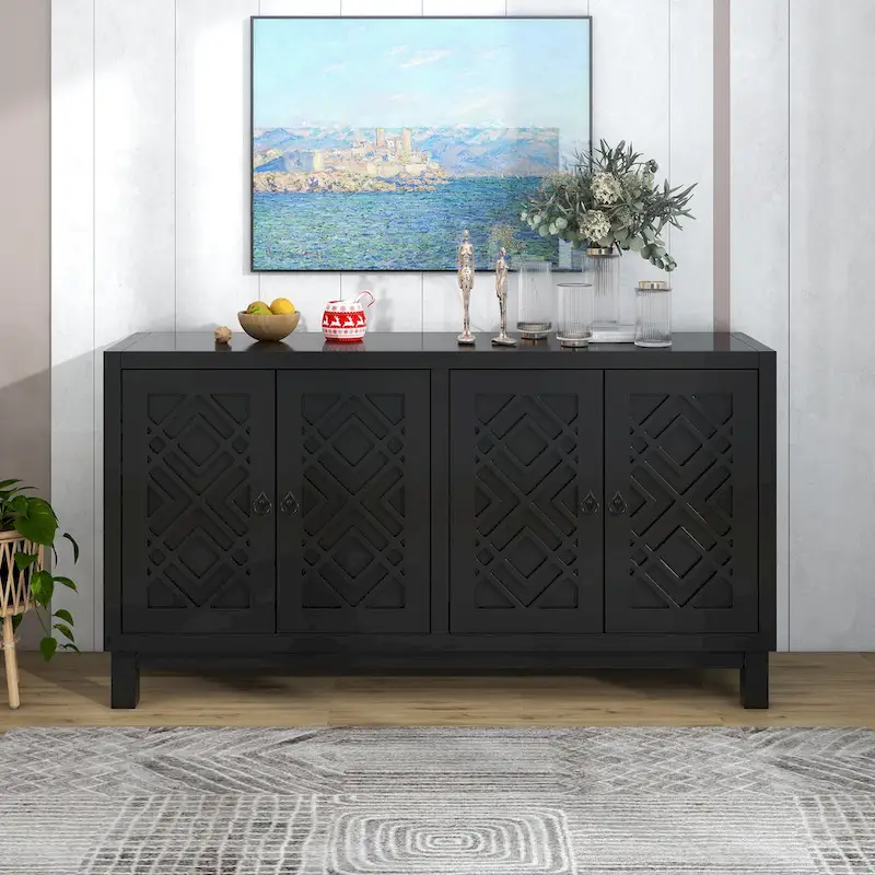 Black / Light Grey / White 4-Door Sideboard with Rhombus Pattern, Adjustable Shelves