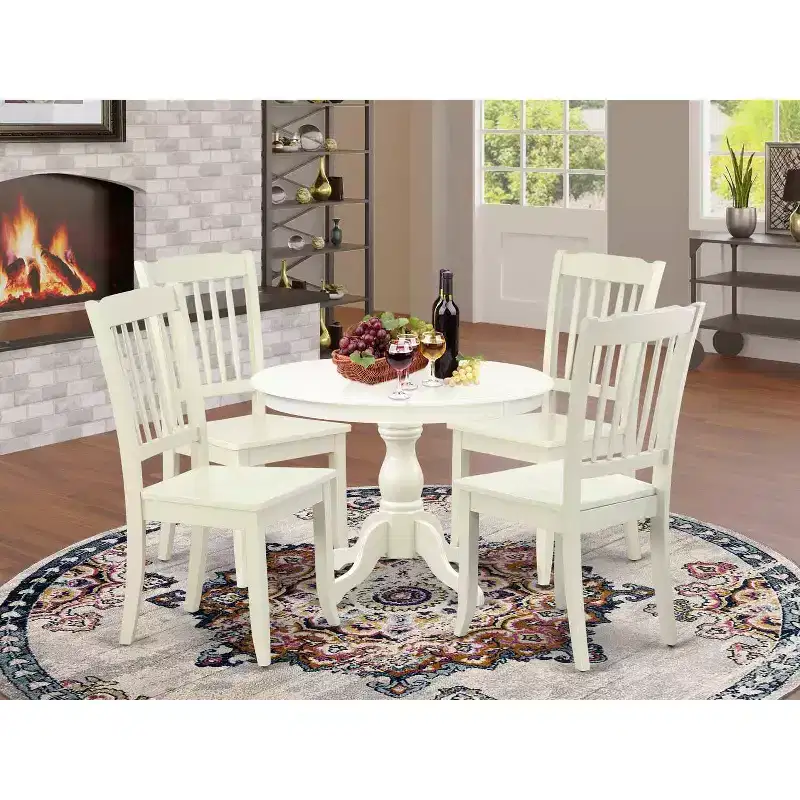 HomeStock 5-Piece Linen White Finish Solid Wood Top Dining table with 4-Chairs with Slat Back