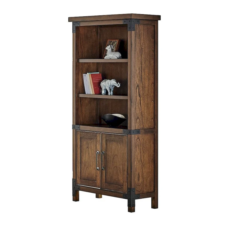 Addison Rustic Bookcase With Doors, Office Shelving, Storage Cabinet, Brown - 34W x 72H x 15D