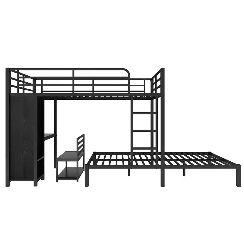 Queen Bunk Bed with Desk, Wardrobe & Storage Drawer Under Bed, Space Saving Study Loft Bed for Small Rooms