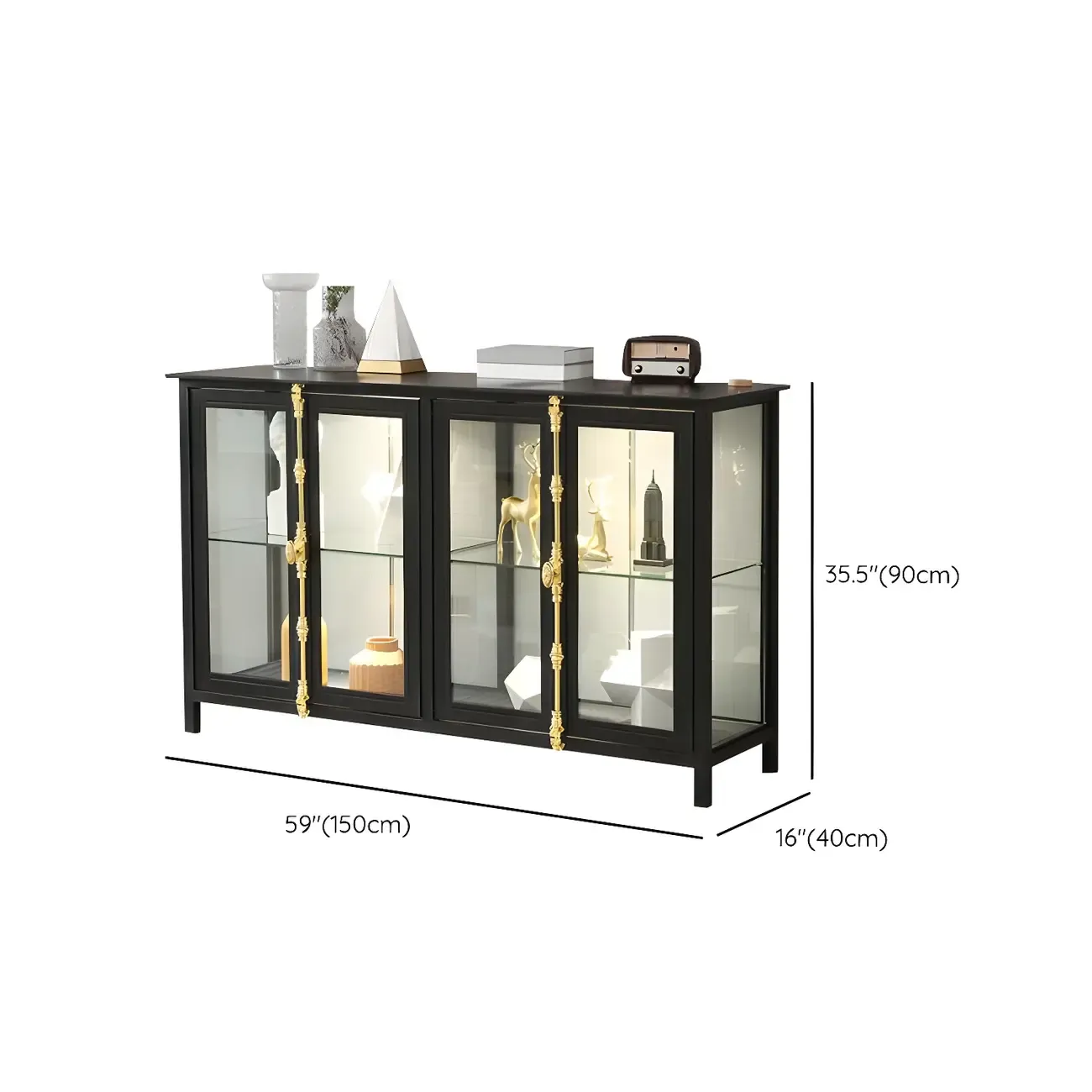 Black Metal Glass Shelves Display Cabinet with Lights