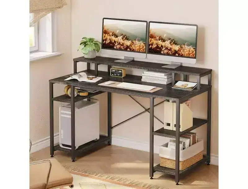 Bestier 55'' Computer Desks with Reversible Bookshelf, Standing Writing Desk for Home Office/Studying/Gaming