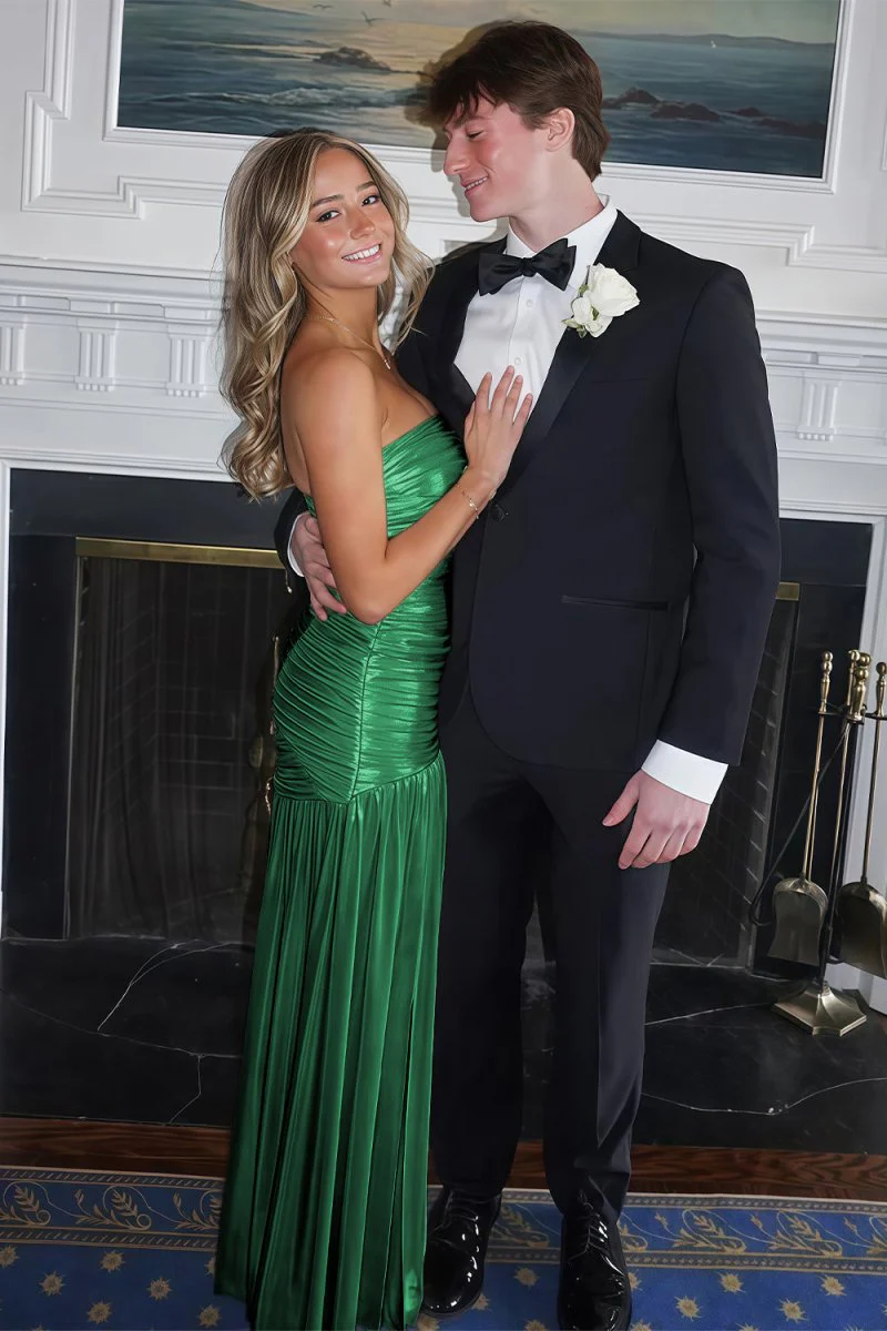 Champagne Mermaid Strapless Metallic Long Prom Dresses with Pleats