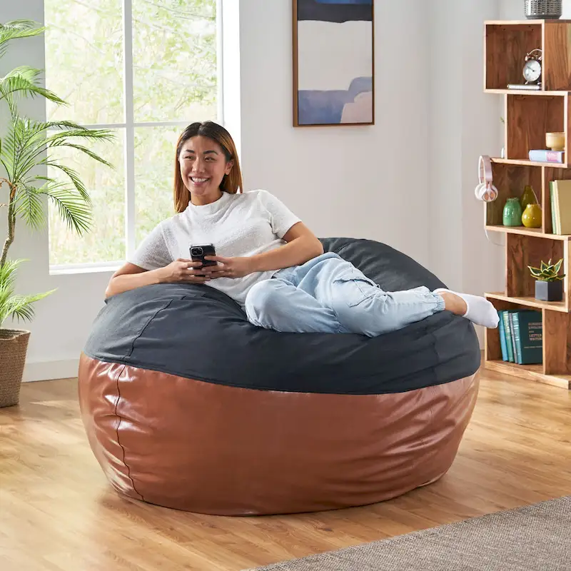 Ohnstad Modern 5 Foot Two Toned Fabric and Faux Leather Bean Bag by Christopher Knight Home