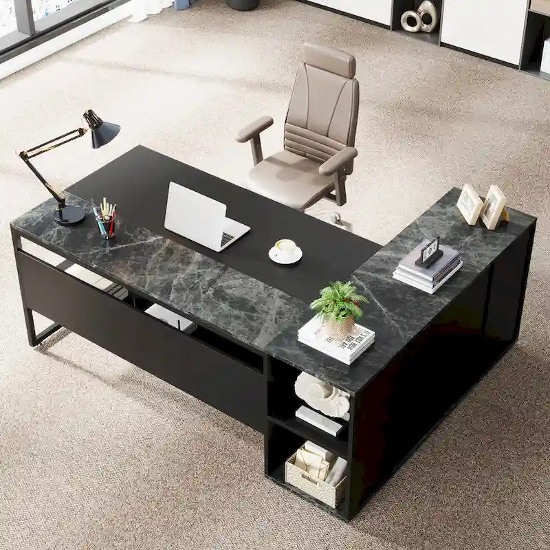 L-Shaped Office Desk with Cabinet & Shelves, 2-Person Workstation