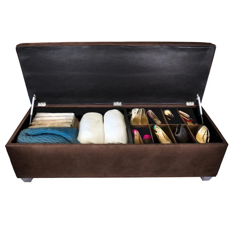10-Button Tufted Linen Shoe Storage Bench with Hydraulic Lift, Made in USA