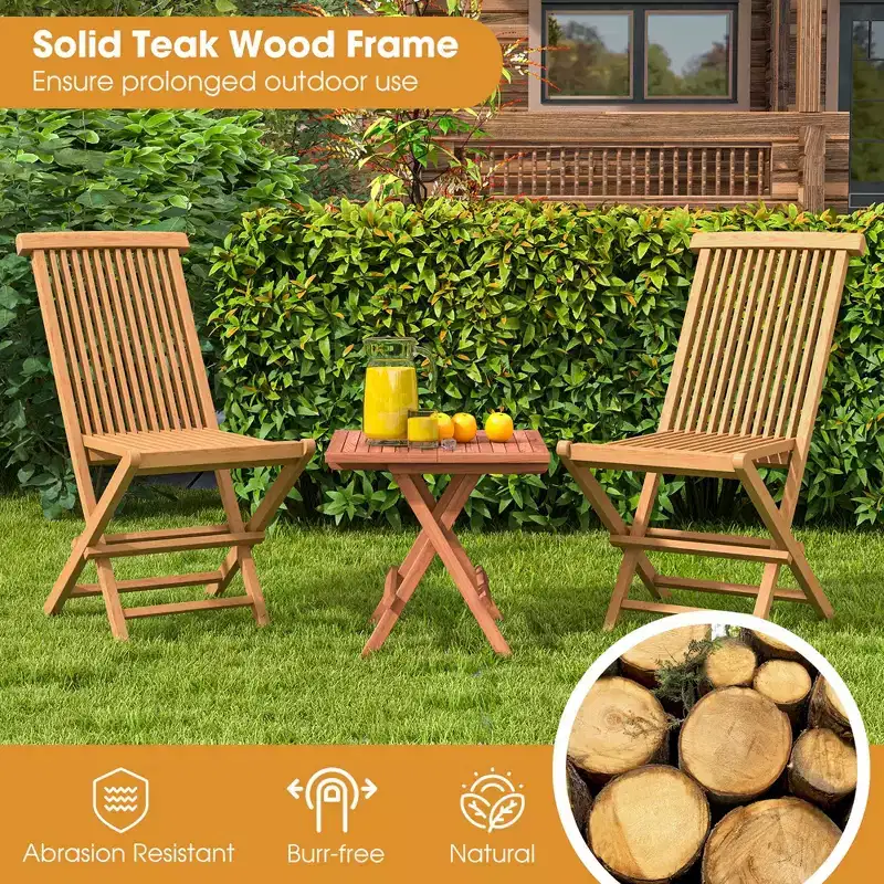 Costway 3PCS Patio Bistro Set Square Table Indonesia Teak Wood Folding Chair Slatted Tabletop Seat