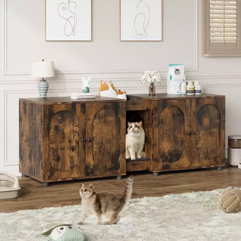 Double Cat Litter Box Enclosure, 55.1 Large Hidden Litter Box Furniture, Wooden Pet House Side Table with Scratching Pad for Living Room