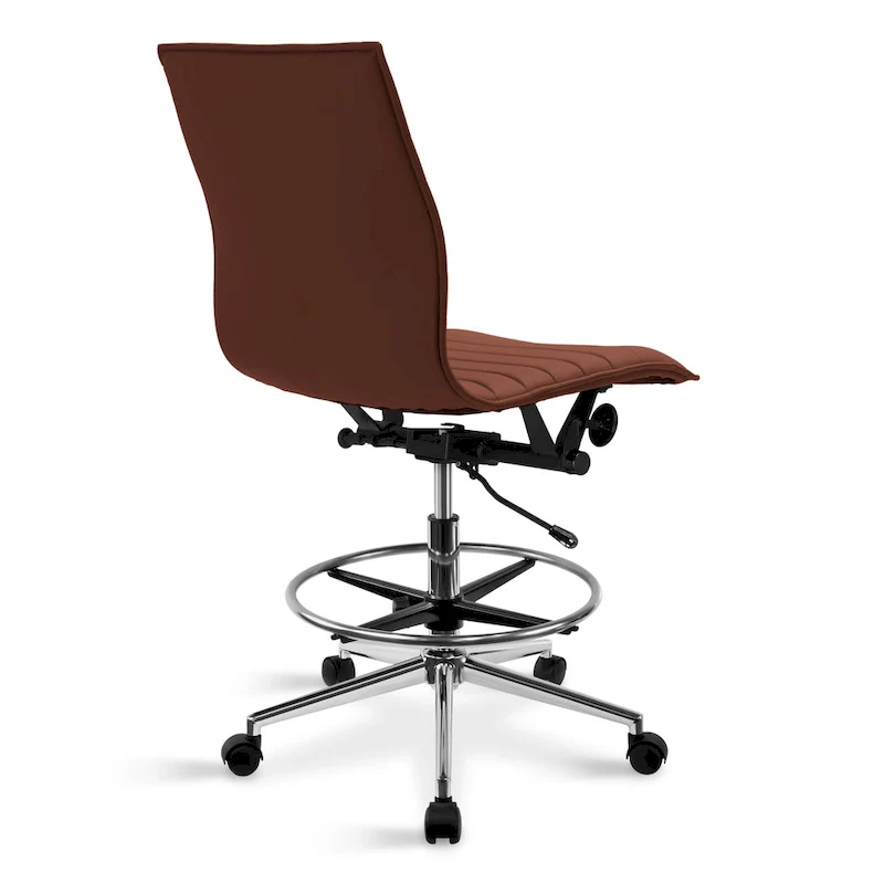 Modern Drafting Chair Upholstered PU Leather Ribbed Armless Mid Back with Tall Adjustable Base & Leg Rest