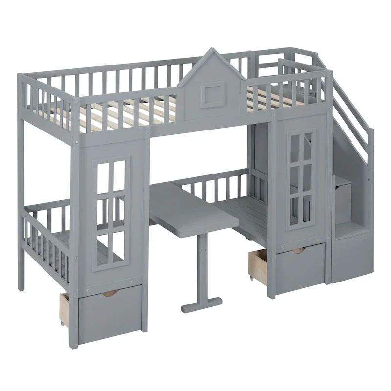 Gray Twin-Over-Twin Bunk Bed with Convertible Desk