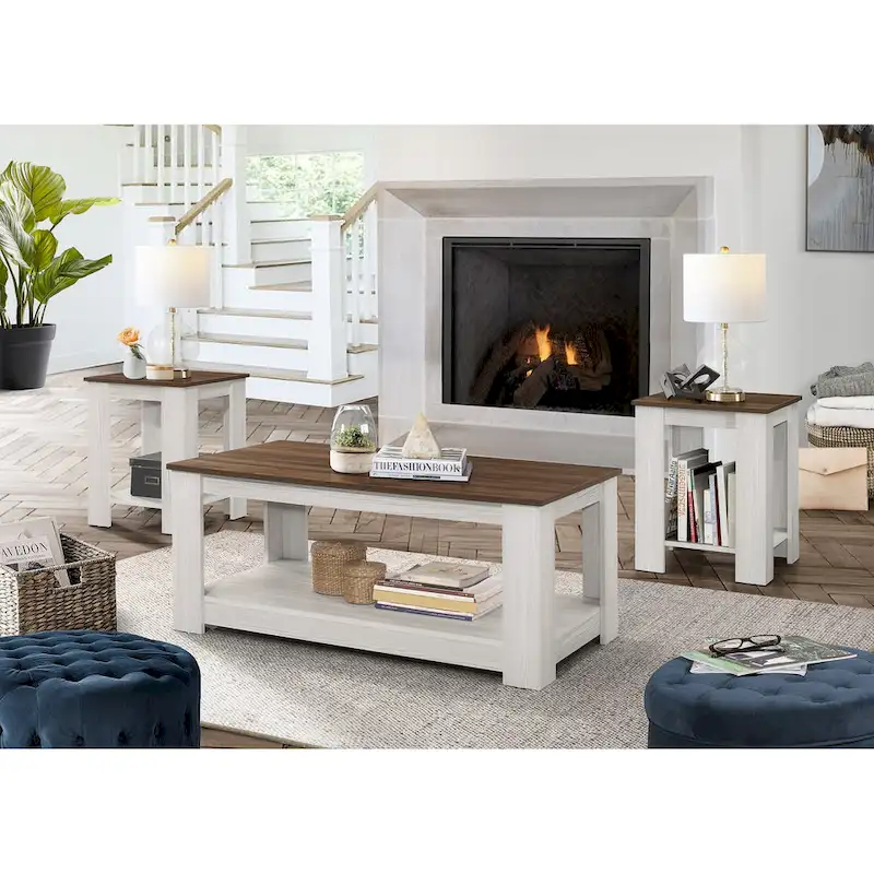 3-Piece Coffee Table Set, Vintage Oak / Brown & Light Grey, Open Shelf