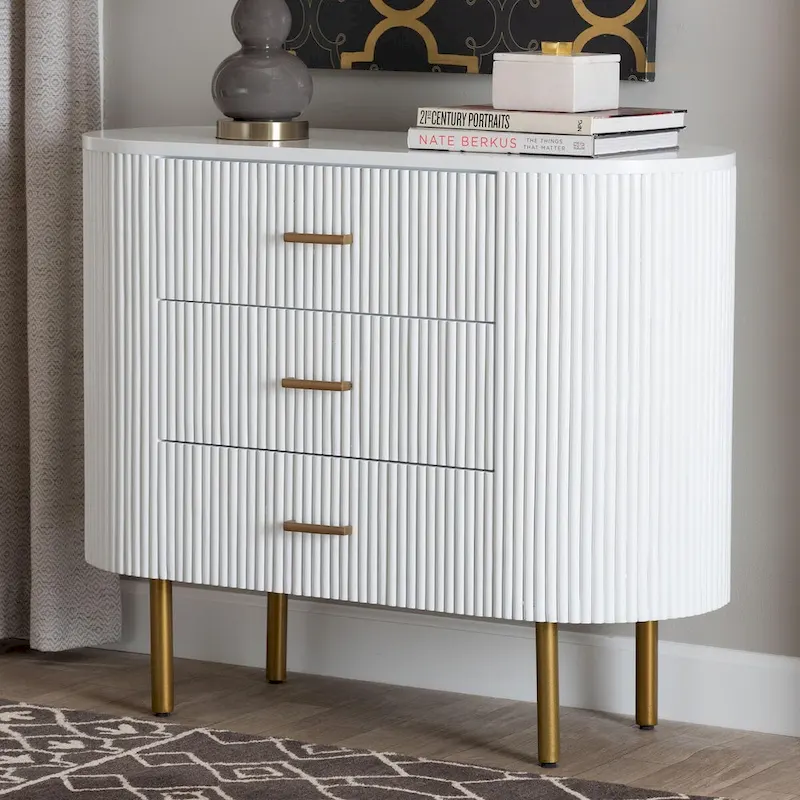 Mid-Century 3-Drawer Dresser | White Fluted Wood & Gold Metal Legs | 39