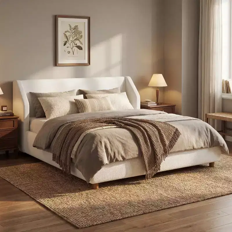 Christopher Knight Home Sade Modern Wooden Boucl Upholstered Bed Frame with Extra-Wide Wingback Headboard