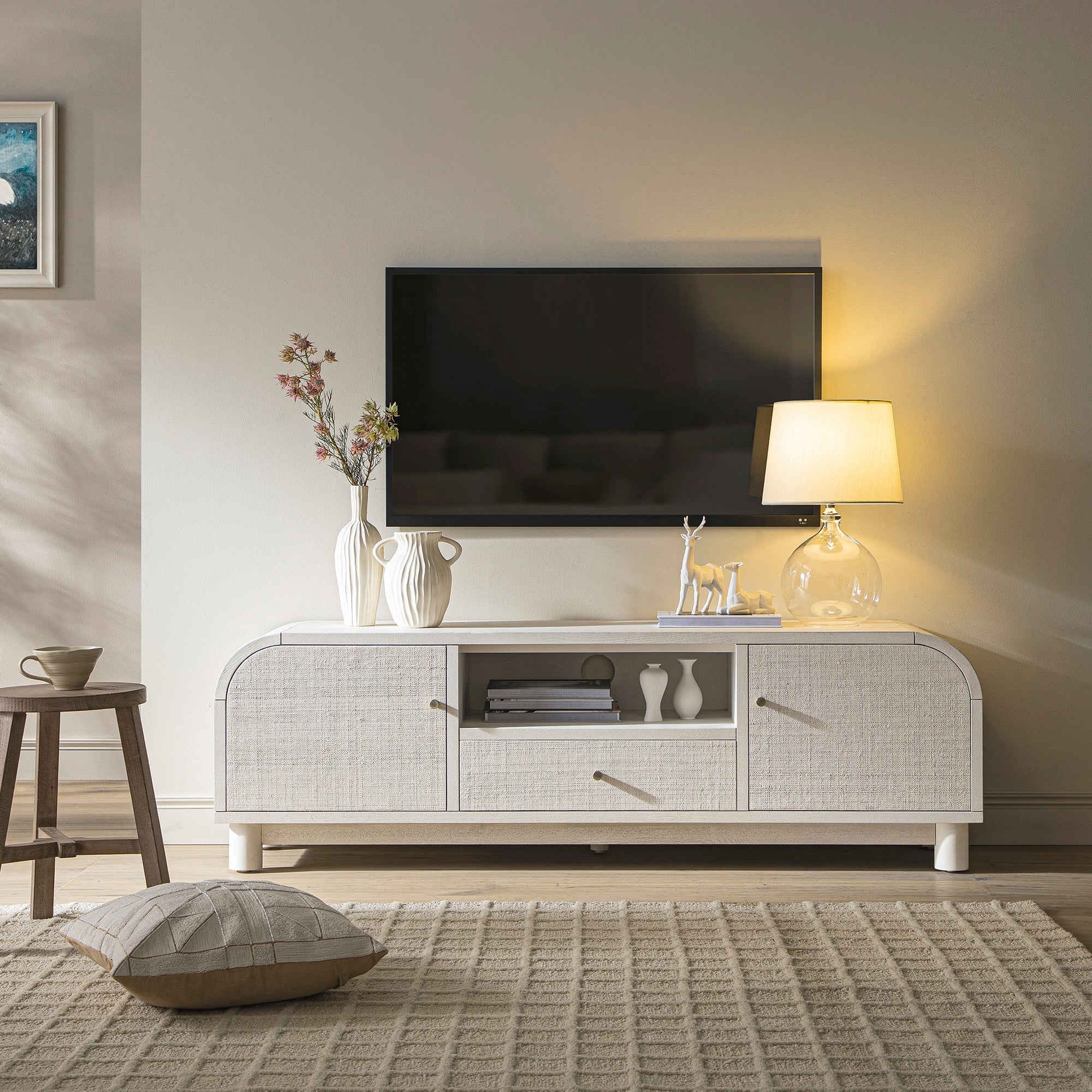 TV Unit, Washed White Ash with Raffia