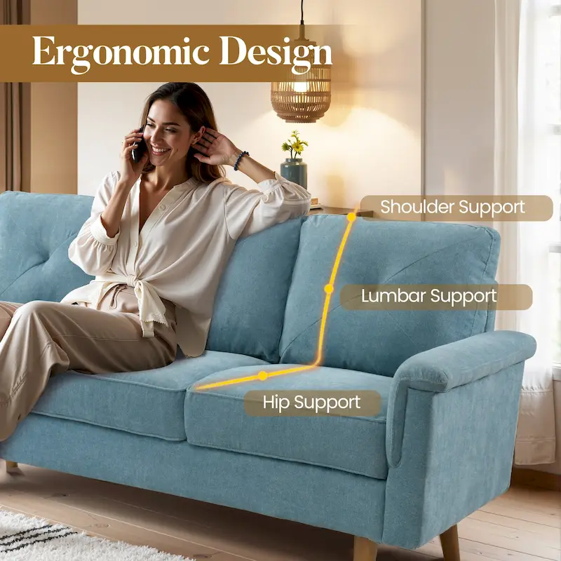 Mid-Century 3-Seat Upholstered Sofa with Wood Legs