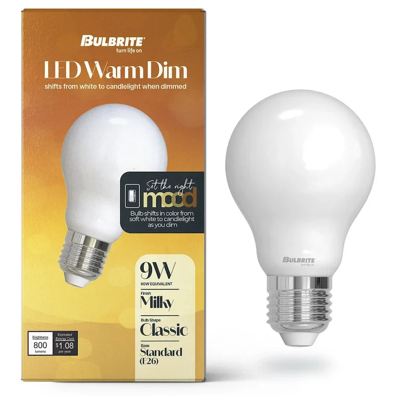 Bulbrite 9 Watt LED A19 Light Bulbs, Warm Dimming 3000K (Soft White) - 1800K (Candlelight), 800 Lumens, (2 Pack) - 2 Pack