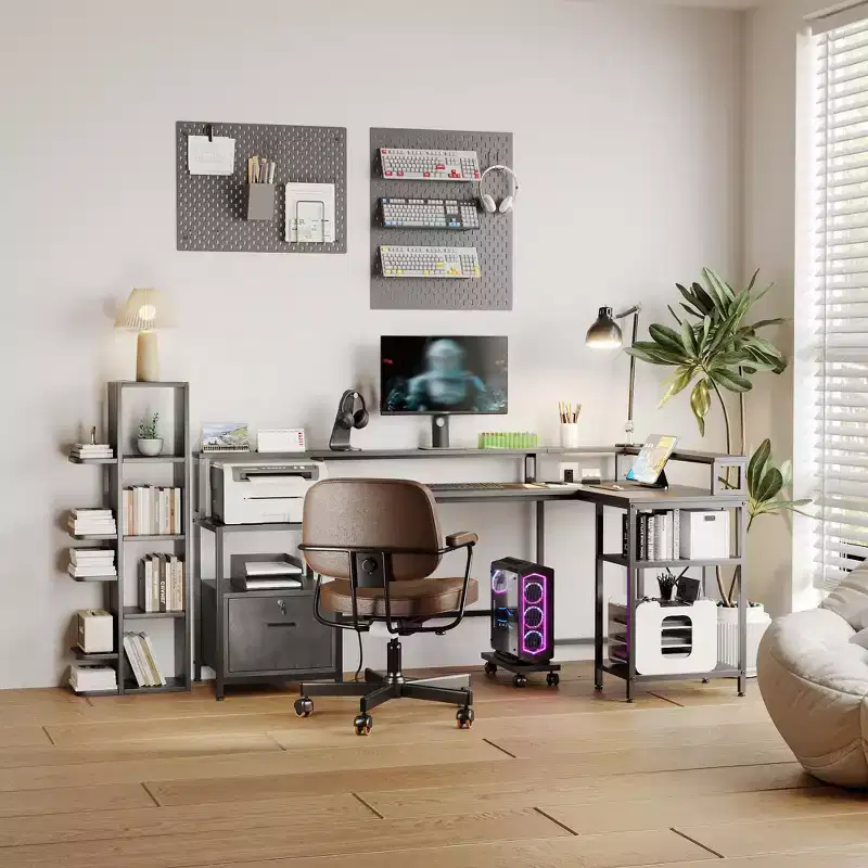 L Shaped Desk, 76 Inch Reversible Office Desk with File Drawer for Home Office, Corner Desk with Storage and Power Outlet, Desk with Monitor Shelf