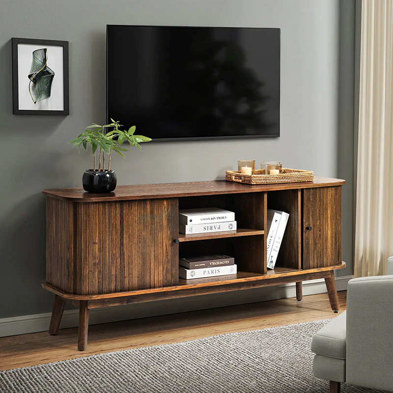 Sliding Door TV Stand with Adjustable Shelf, Cable Management & Rubberwood Legs | Walnut / Black | Single