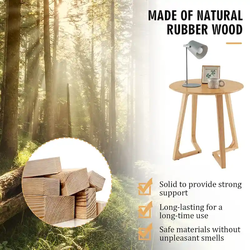 Natural Round Solid Rubber Wood End Table with V-Shaped Legs – Farmhouse Style, Living Room Use