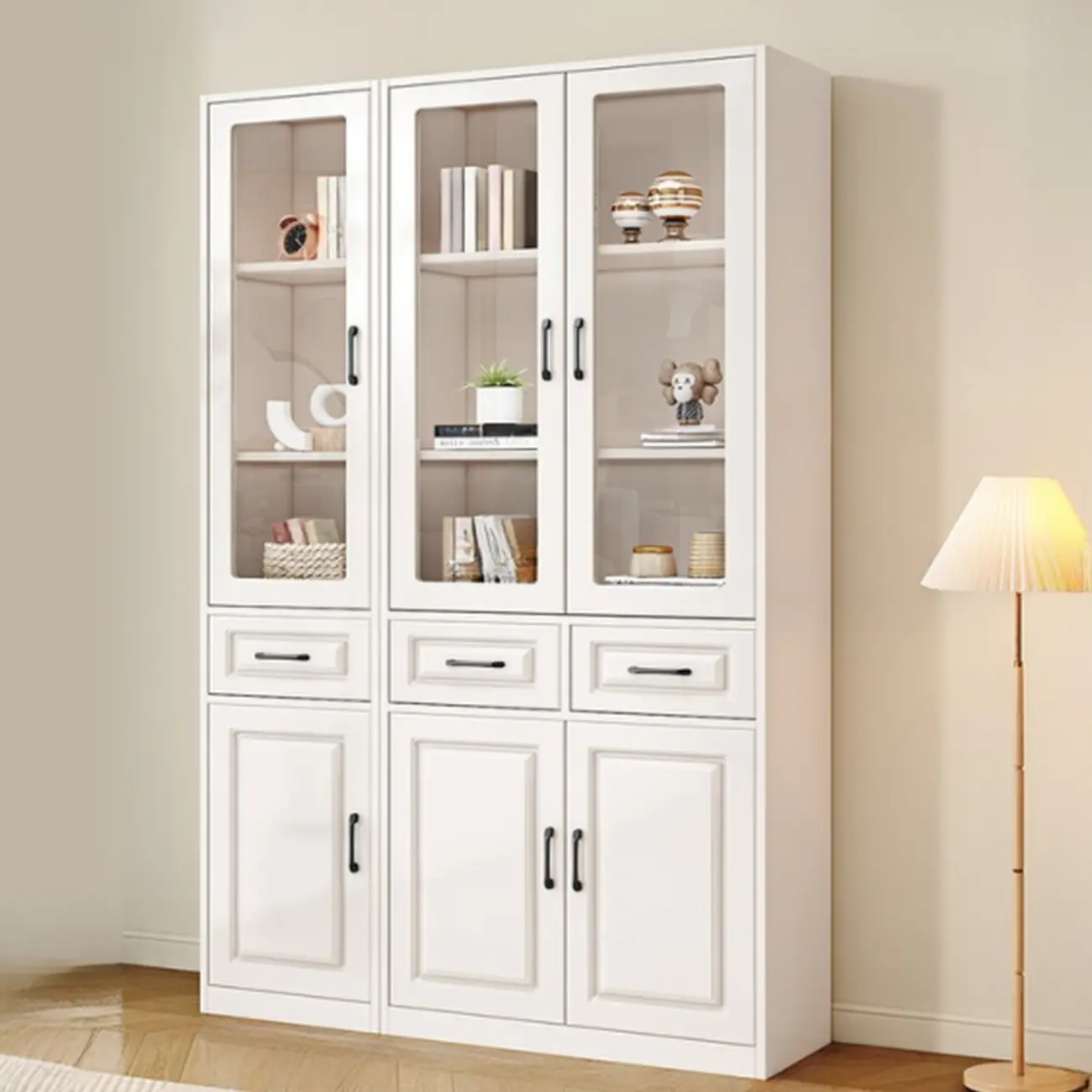 Rectangular White Wood Vertical Display Bookcase with Drawers